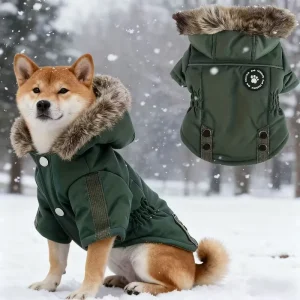 Zimní teplý kabát pro psy s kapucí a kožešinou – větruodolný
