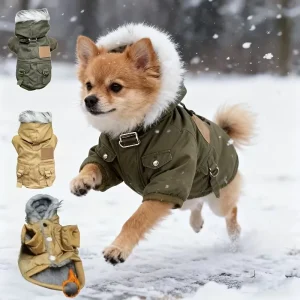 Zateplená zimní bunda pro psy s kapucí a kapsami